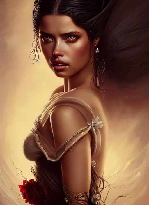 Image similar to a beautiful princess woman with baroque dress, adriana lima, painted by artgerm and tom bagshaw, fantasy art, dramatic lighting, highly detailed oil painting