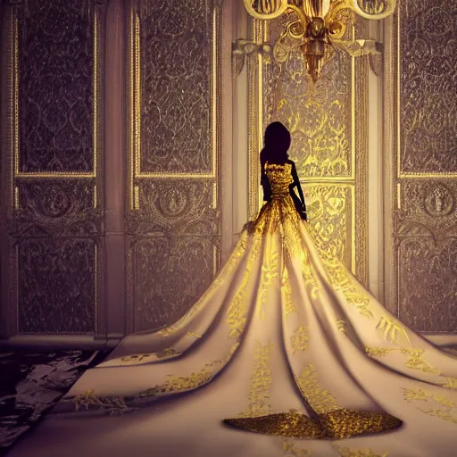 Prompt: an incredibly beautiful and elegant woman covered in intricate gold leaf detail in a gothic hotel room with soft indirect lighting, an ultrafine detailed illustration by victoria frances, final fantasy, cinematic colors, behance contest winner, unreal engine 5 highly rendered, global illumination, radiant light, detailed and intricate environment, matte painting, artstation