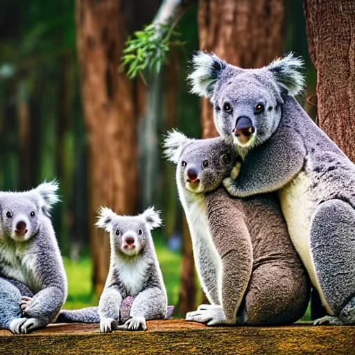 Image similar to A family portrait of unicorns and koalas