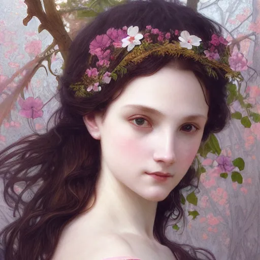 Prompt: portrait of spring goddess, intricate, elegant, highly detailed, digital painting, artstation, concept art, smooth, sharp focus, illustration, art by artgerm and greg rutkowski and stephanie law and alphonse mucha and william - adolphe bouguereau