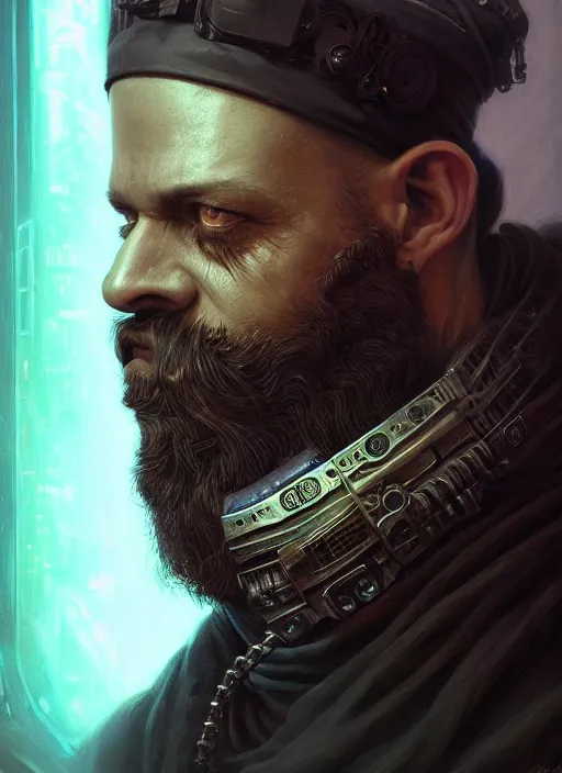 Image similar to portrait of a cyberpunk bearded king, grim - lighting, high - contrast, intricate, elegant, highly detailed, centered, digital painting, artstation, concept art, smooth, sharp focus, illustration, artgerm, tomasz alen kopera, peter mohrbacher, donato giancola, joseph christian leyendecker, wlop, boris vallejo