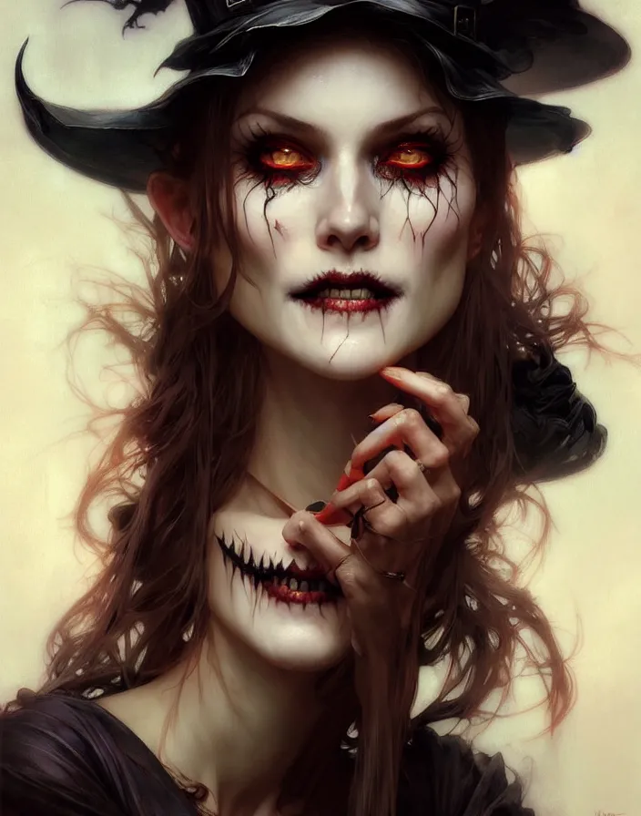 Image similar to halloween witch woman in a hat smiles, fantasy magic by ruan jia, undercut hairstyle, dark light night, intricate, elegant, sharp focus, illustration, highly detailed, digital painting, concept art, matte, art by wlop and artgerm and greg rutkowski and alphonse mucha, masterpiece