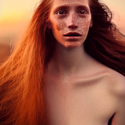 Prompt: photographic portrait of a stunningly beautiful renaissance female in soft dreamy light at sunset, freckles, extremely long flowing hair, contemporary fashion shoot, by edward robert hughes, annie leibovitz and steve mccurry, david lazar, jimmy nelsson, breathtaking, 8 k resolution, extremely detailed, beautiful, establishing shot, artistic, hyperrealistic, beautiful face, octane render