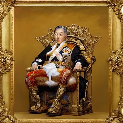 Image similar to portrait of the emperor of japan dressed as a chicken, sitting on his throne at his palace, highly detailed painting by gaston bussiere, craig mullins, j. c. leyendecker 8 k