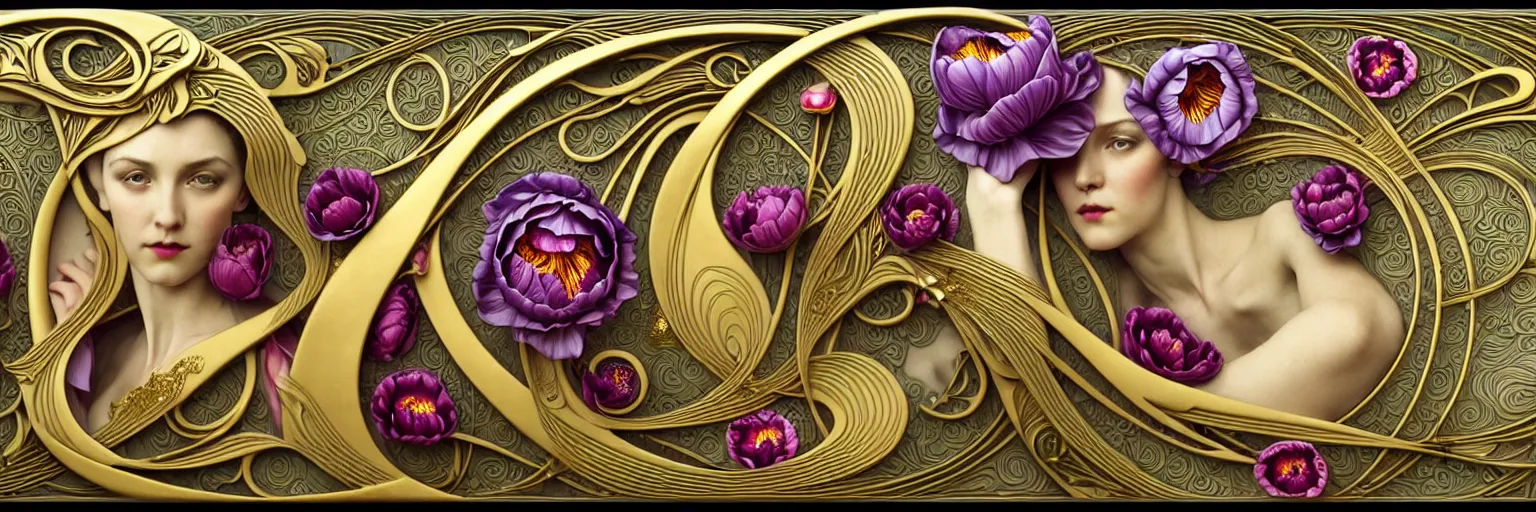 Prompt: the source of future growth dramatic, elaborate emotive 3D Art Nouveau styles to emphasise beauty as a transcendental, seamless pattern, symmetrical, large motifs, hyper realistic, 8k image, 3D, supersharp,Art nouveau 3D curves and swirls, Glass and Gold pipes, long wavy hair, vibrant tulip and peony flowers satin ribbons pearls and gold chains, iridescent and black and rainbow colors , perfect symmetry, iridescent, High Definition, Octane render in Maya and Houdini, light, shadows, reflections, photorealistic, masterpiece, smooth gradients, no blur, sharp focus, photorealistic, insanely detailed and intricate, cinematic lighting, Octane render, epic scene, 8K