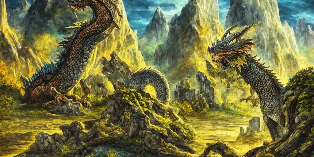 Prompt: Giant dragon rests on top of ancient ruins, realistic dragon scales, full length dragon, columns, distant waterfall, distant mountains, ancient ruin, overgrown, blue green yellow colors, detailed oil painting