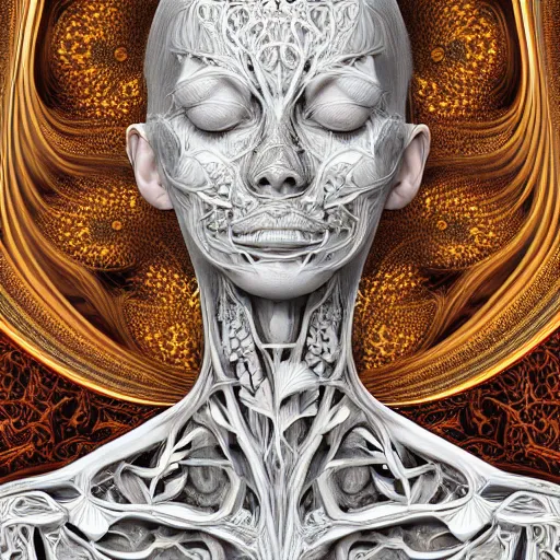 Image similar to face portrait of a beautiful woman, 150 mm, anatomical, flesh, flowers, mandelbrot fractal, veins, arteries, symmetric, intricate, golden ratio, full frame, microscopic, elegant, highly detailed, ornate, ornament, elegant , luxury, beautifully lit, ray trace, octane render in the style of peter Gric , alex grey and Romero Ressendi