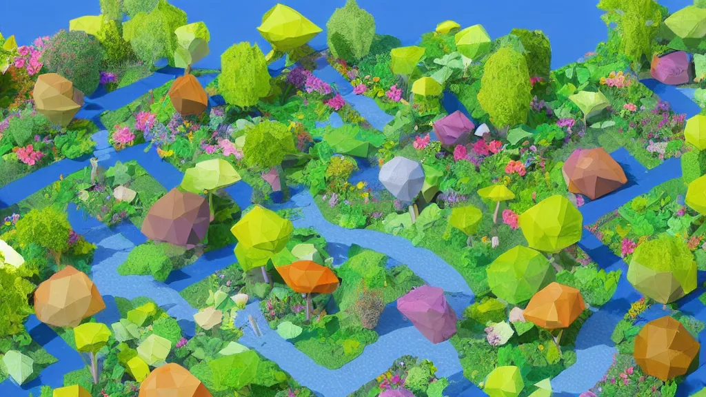 Image similar to an early 3 d low polygon garden with blue skies, landscape, artstation, nathan fowkes * *