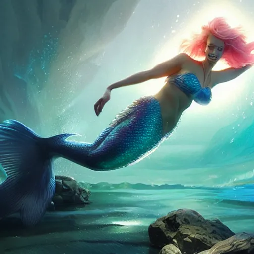 Image similar to doc brown as arielle the mermaid in water, medium shot, disney animation, sharp, illustration, sharp, anime key art by greg rutkowski, bloom, dramatic lighting sharp focus, cinematic, artbook, smooth