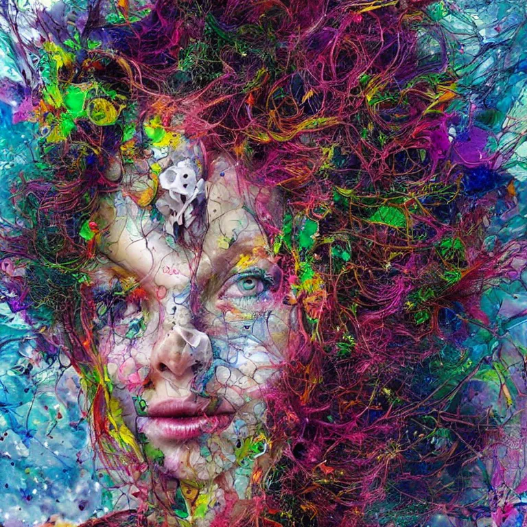 Prompt: portrait of a woman with swirling crystal hair and fractal skin, illustration by artur bordalo, retrofuturism, psychedelic art reimagined by industrial light and magic