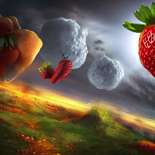 Image similar to huge strawberries fall to earth, apocalypse, 4 k, 8 k, trending on artstation