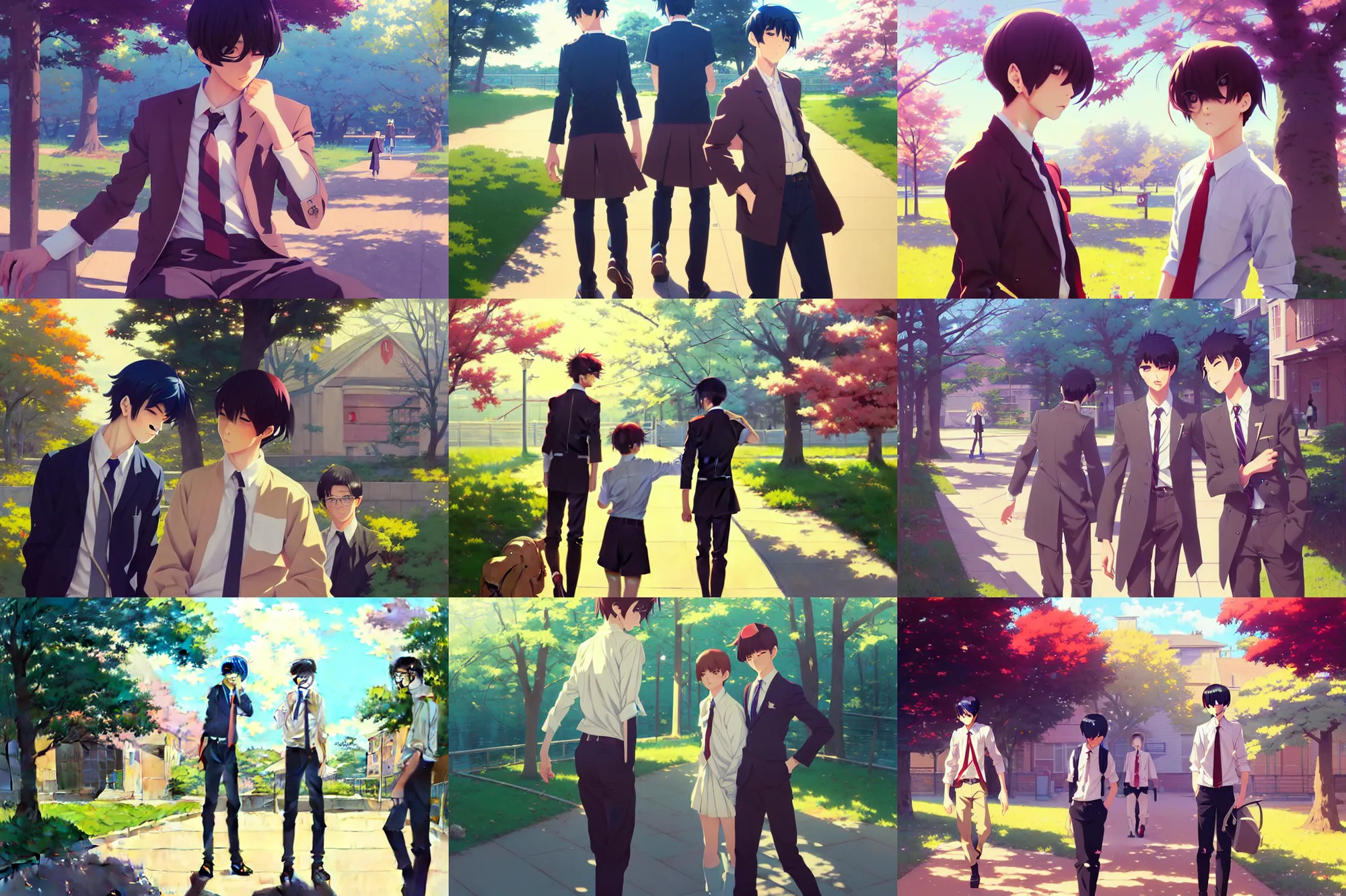 Prompt: boy's love anime high school spring noon scene, high detail concept art, perfect proportions fine face, tall handsome guys, romantic undertones, avant designer uniform, vivid colors, realistic shaded lighting poster fantasy art ilya kuvshinov, kyoani, katsuhiro, jeremy lipking and michael germash, makoto shinkai, loish, best selling artist