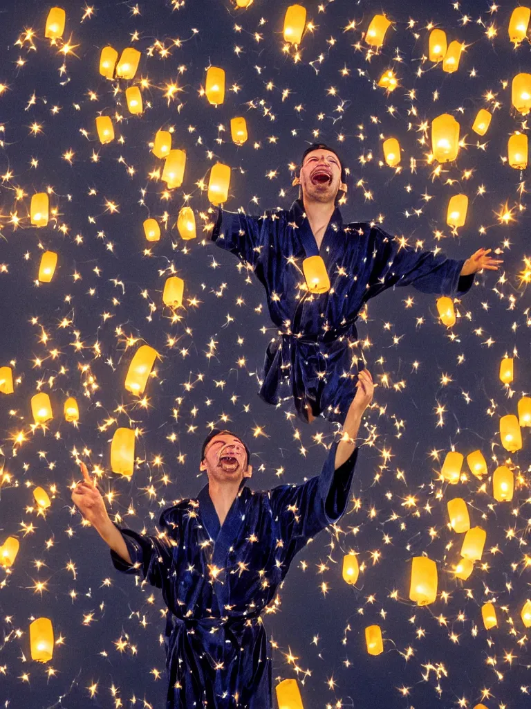 Prompt: an ecstatic man in a navy blue starry robe flying upward through the twilight sky, with lanterns, streamers, and monarch butterflies floating around him