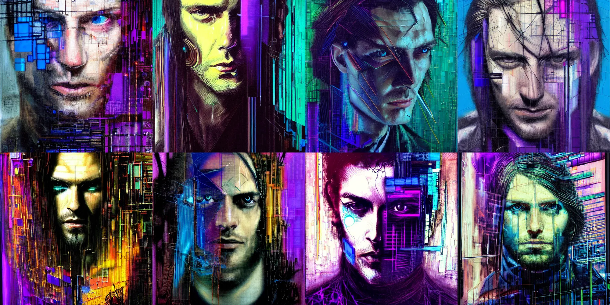 Prompt: hyperrealistic portrait of a cyberpunk man, long hair, by Guy Denning, Johannes Itten, Derek Gores, Gerald Brom, shadowed face, glitch art, fine detail, polished, computation, complex, hacking effects, holographic, digital tech effects, blue and violet, color blocking!, realistic, acrylic on canvas, concept art, abstract, symmetrical, 8k, concept art, octane, photorealistic, cgsociety, trending on artstation