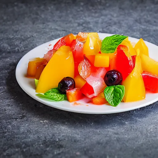 Prompt: a mouth - watering sharon fruit salad served with garlic dressing, 8 k resolution, food photography, studio lighting, sharp focus, hyper - detailed