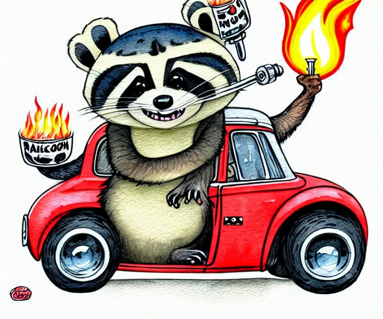 Image similar to cute and funny, racoon wearing a helmet with tiny flame stickers on it riding in a tiny hot rod coupe with oversized engine, ratfink style by ed roth, centered award winning watercolor pen illustration, isometric illustration by chihiro iwasaki, edited by range murata