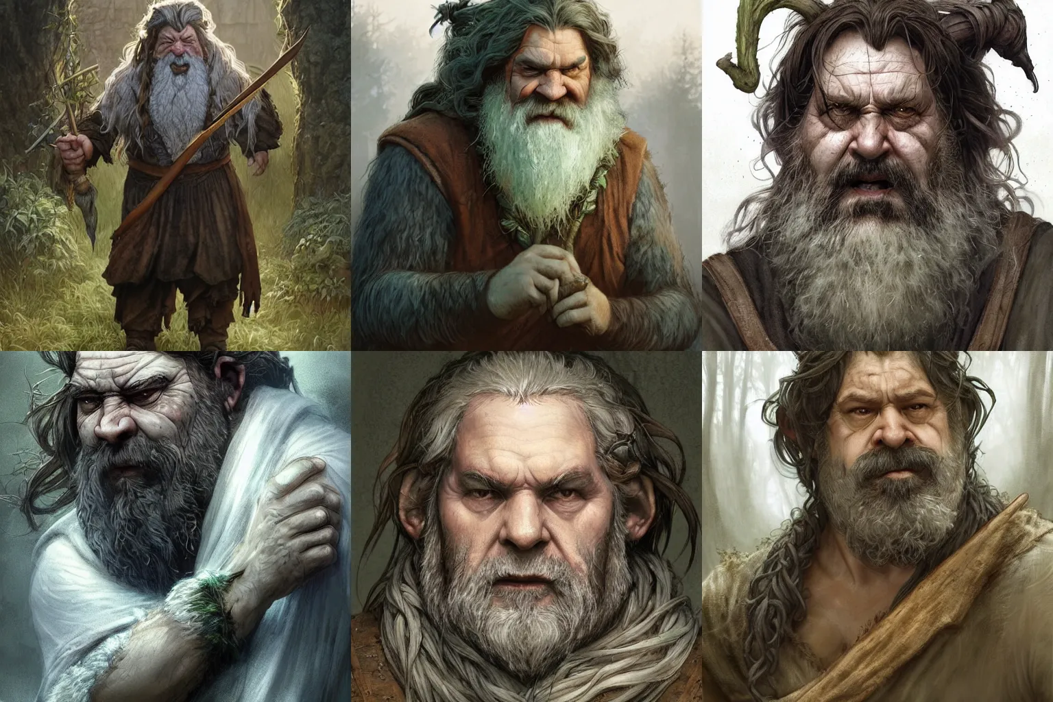 Prompt: a firbolg druid man with grey skin who is a groundskeeper, similar to Hagrid, D&D, fantasy, intricate, cinematic lighting, highly detailed, digital painting, artstation, concept art, smooth, sharp focus, illustration, art by Artgerm and Greg Rutkowski and Alphonse Mucha