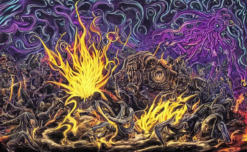 Image similar to a psychedelic metal album cover with a chaotic deep fried meme featuring an ominous art deco liminal space with a enraged cybernetic demon spitting fire in the sky by Kentaro Miura, ultrakill screenshot