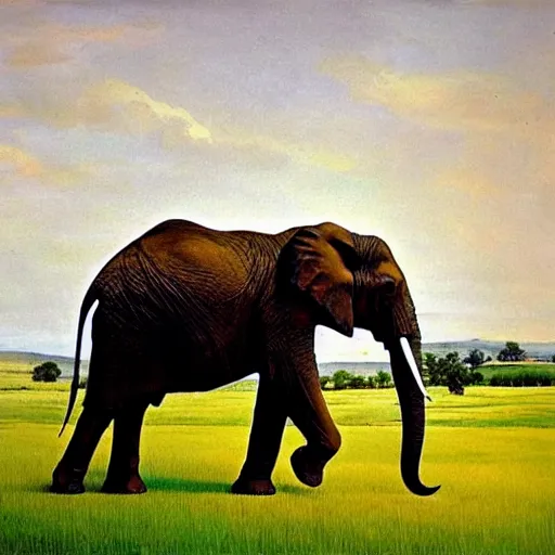 Prompt: an elephant on a green meadow art by Corfield Paul