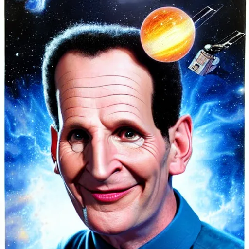 Image similar to uhd photorealistic cosmic chris barrie as arnold j. rimmer in space. amazing detail, correct face, symmetrical face, by karol bak and zawadzki, hyperdetailed. intricate details with studio lighting.