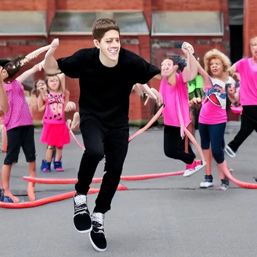 Prompt: pete davidson playing jump rope with a bunch of small girls, cheering him on, pete davidson is wearing all black