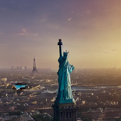 Prompt: The Statue of Liberty and Eiffel Tower at background of London Big Ben, photorealism, wide angle, concept art, cinematic atmosphere, elaborate, highly detailed, ornate, shiny, dramatic lighting, octane render, 4k, by Peter Kemp