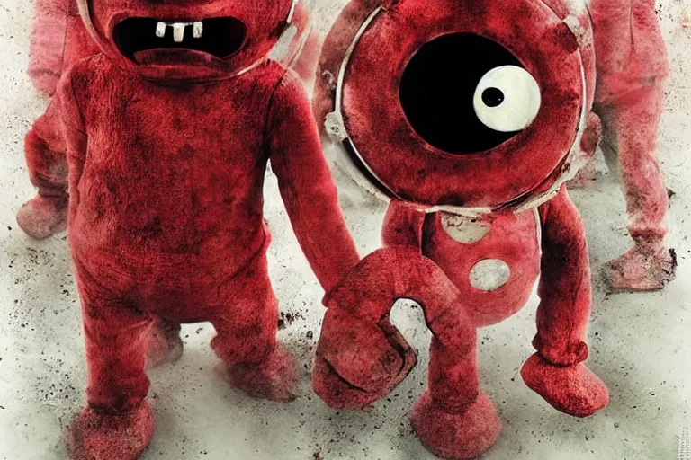 Image similar to teletubbies horro movie, saw teeth, red eyes, macabre, grotesque, greg rutkoswki, artwork, masterpiece