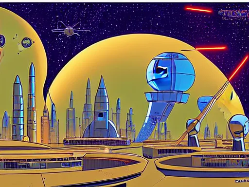 Image similar to a scifi illustration, Galactic City on Coruscant from Star Wars. flat colors, limited palette in FANTASTIC PLANET La planète sauvage animation by René Laloux