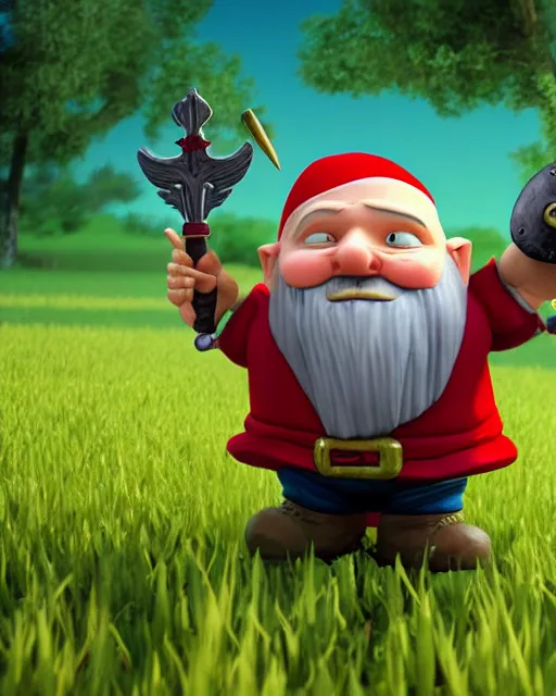 Image similar to bald gnome with big white beard holding a dagger and bomb running through a field looking angry.