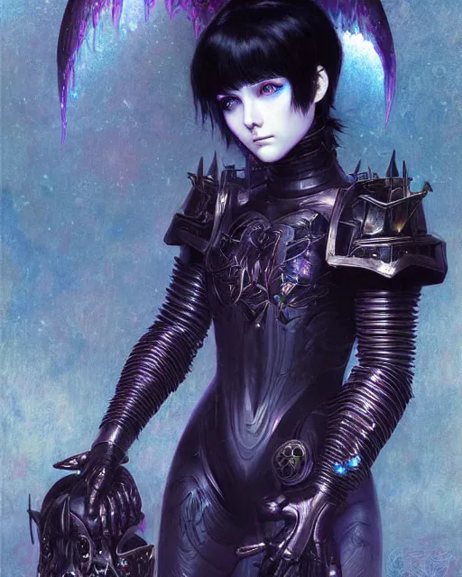 Image similar to portrait of beautiful cute young goth maiden girl with short white hairs in warhammer armor, art by ( ( ( kuvshinov ilya ) ) ) and wayne barlowe and gustav klimt and artgerm and wlop