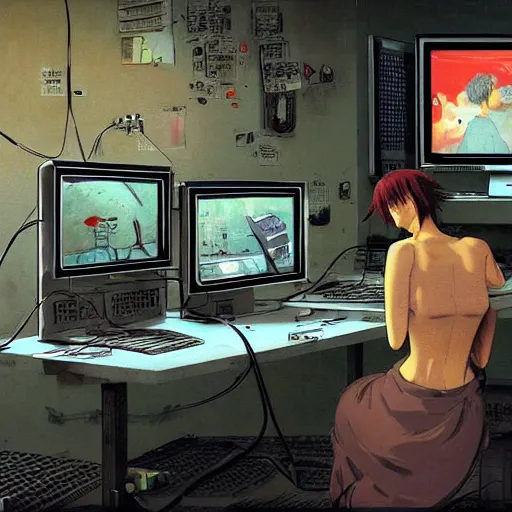 Image similar to Nostalgic pizza looking at a large desktop with a pizza on it monitor serial experiments lain Lain dennou neon genesis evangelion coil gantz Character Anime Sits at Complex room Office full of wires computer servers databanks vents fans coolant systems looking at a large desktop monitor Ismail Inceoglu Arnold Bocklin Jakub Rebelka dug stanat