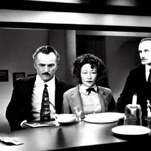 Image similar to film still, Martin Heidegger, George Lucas and Sarah Bernhardt in American Psycho