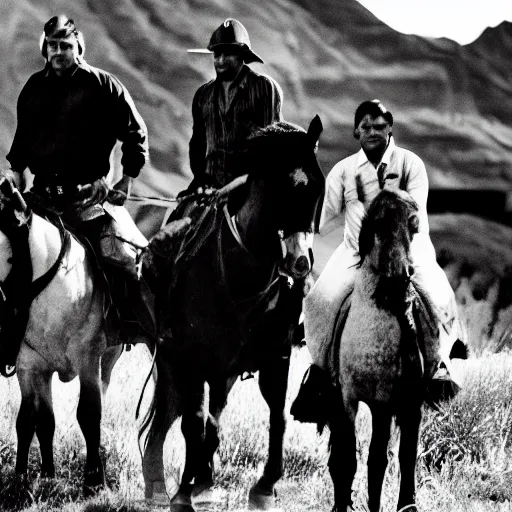 Image similar to black and white television movie, cowboys and indians, ice, black balloons, canyon, ambush smoke signals, blood brothers