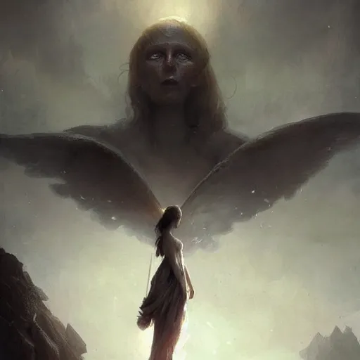 Image similar to a beautiful terrifying pale humanoid giant with wings looms over a tiny human. ethereal fantasy art by greg rutkowski