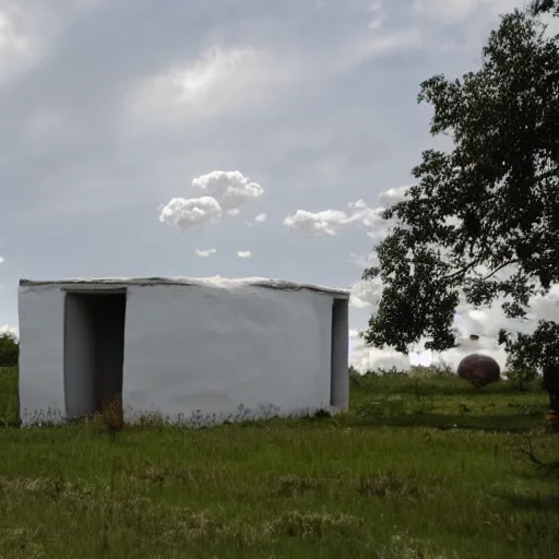 Prompt: a white building in the form of spherical clouds