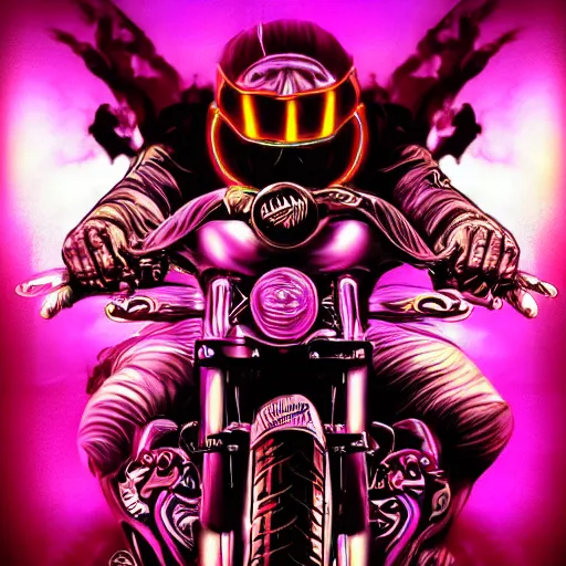 Image similar to psychedelic blacklight airbrush artwork, motorcycle, hyper stylized action shot of an orc biker riding a motorcycle, clear focused details, soft airbrushed artwork, black background, cgsociety, artstation