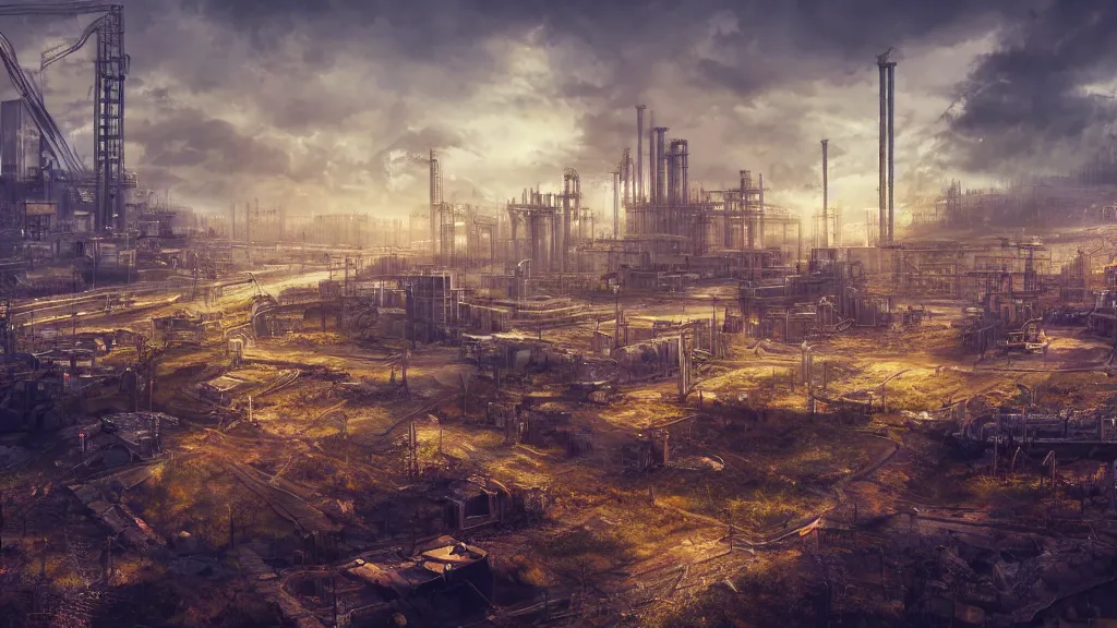 Image similar to industrial site, fantasy artwork, very very very beautiful scenery, hd, hdr, ue5, ue6, unreal engine 5, cinematic 4k wallpaper, 8k, ultra detailed, high resolution, artstation, award winning