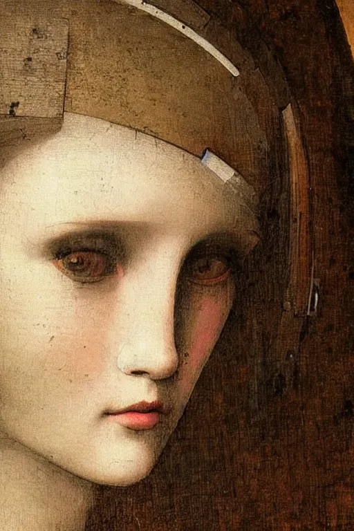 Image similar to a close - up portrait of a cyberpunk cyborg girl, by leonardo davinci, rule of thirds