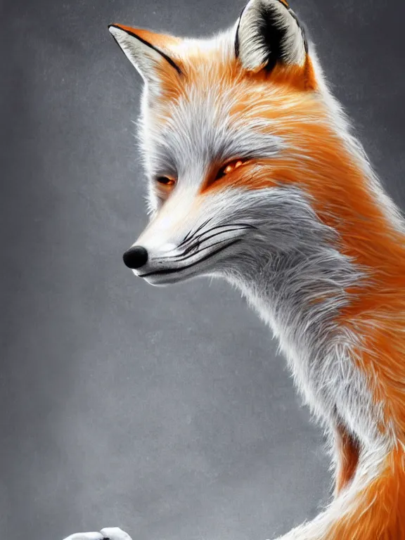 Image similar to a humanoid fox wearing a scientist white coat, chemicals on a white table in front of the fox, digital art, digital painting, masterpiece, anatomically correct, five fingers, cinematic, high coherence, realistic, high quality, highly detailed, 8 k, dramatic lighting, path traced, centered, high definition