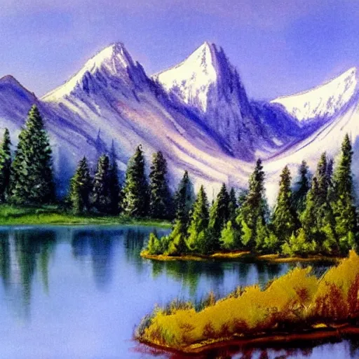 Prompt: landscape of a lake, mountains surround it, a small house is by it, by Bob Ross