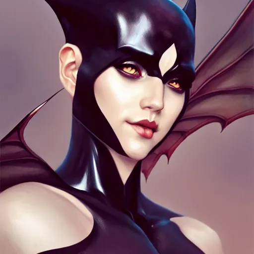 Image similar to 3 / 4 view of a portrait of bat woman with bat wings, confident pose, pixie, genshin impact,, intricate, elegant, sharp focus, illustration, highly detailed, concept art, matte, trending on artstation, art by wlop and artgerm and greg rutkowski, h 6 4 0