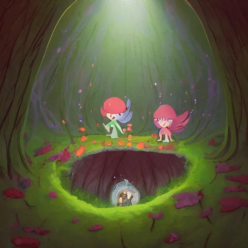 Image similar to a family of faeries living inside a hollow in a tree, masterpiece soft focus painting by kerascoet by marie pommepuy and sebastien cosset, dynamic lighting