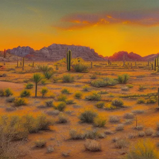 Prompt: an oil painting of a wild west ghost town in the sonora desert by frank maggiori, golden hour, sunlight