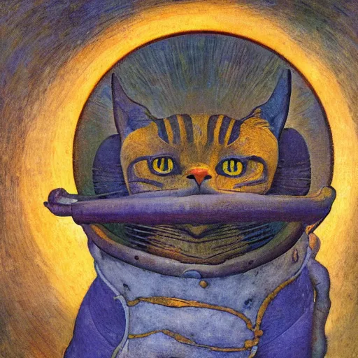 Prompt: sculpture of a cat in a spacesuit, by annie swynnerton and diego rivera and nicholas roerich and jean delville, symbolist, dramatic lighting, god rays, art brut, rich colors, smooth, sharp focus, extremely detailed, adolf wolfli, by janet fish and ( donato giancola and bilibin )