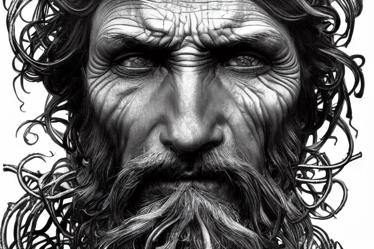Prompt: painted closeup portrait of tree man, masculine, fierce, charming, majestic, fantasy, intricate, elegant, extremely detailed digital painting, concept art, sharp focus illustration art by alphonse mucha by chuck close, charcoal on canvas