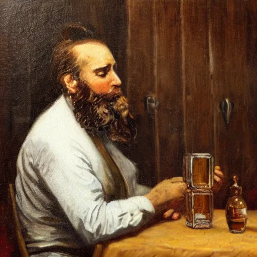 Image similar to oil painting of a man with a beard sitting a table in an old wooden house drinking whisky, bread visible on the table, detailes