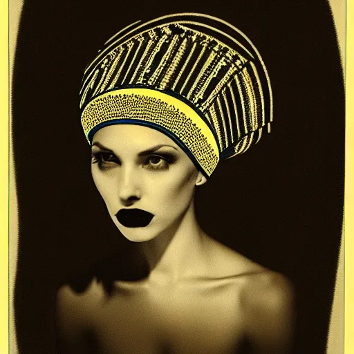Prompt: a print of a woman's head with a headdress, dark vibe, esoteric, monochrome,