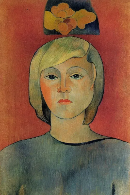 Image similar to blond hair woman with grey eyes and bob haircut drawn by paul gauguin