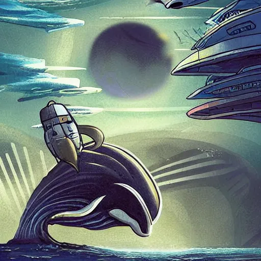 Prompt: a city under the ocean on an alien world, and a whale who feels disconnected from it wistfully watching a spaceship fly away, sci-fi digital art illustration,
