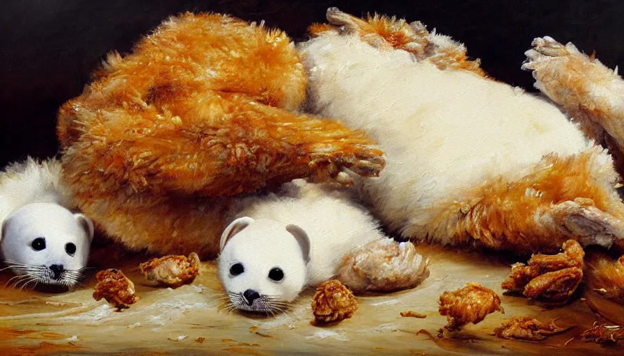 Prompt: highly detailed painting of cute furry white baby seals cuddling up in a big pile of fried chicken by william turner, thick brush strokes and visible paint layers, 4 k resolution